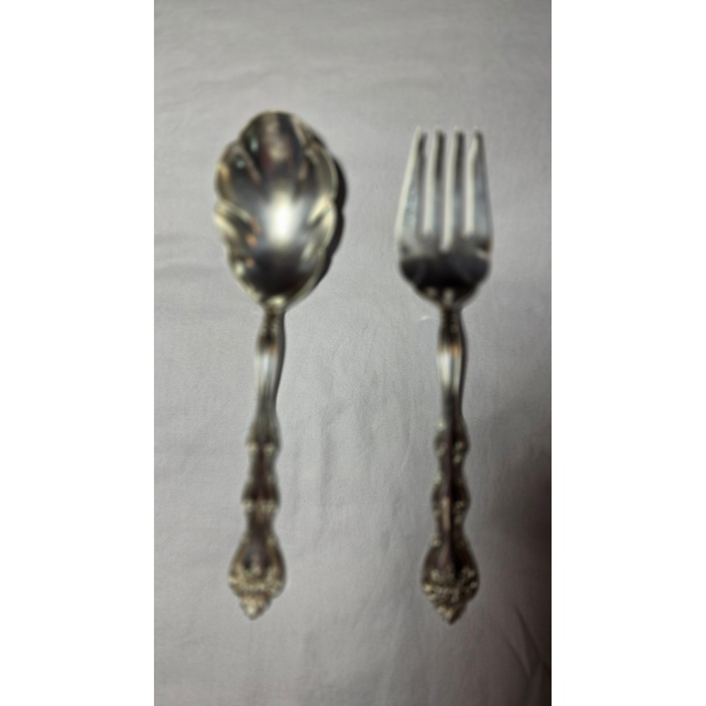 International Silverplate Salad Serving Set Ornate Floral Fork Shell Spoon 9"